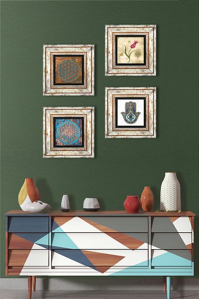 Pinecone Floarea vieții, lalele, mânăa Maicii Fatma (HAMSA) Pictură pe perete din piatră Set de 4 decorațiuni de perete înrămate Tk4-406