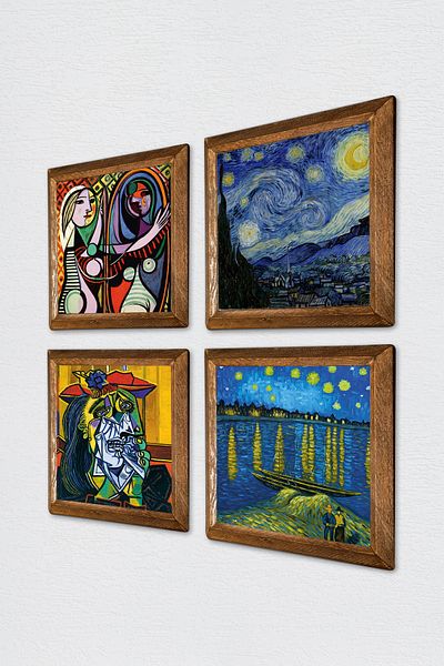 Pinecone Picasso, Van Gogh Stone Wall Painting with Wood Frame Wall Decor 4 Piece Painting Set Wall Art W4-689
