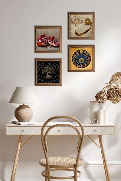 Pinecone Arborele vieții, Vav, Evil Eye, Pictură pe perete din piatră de rodie Decor de perete cu rame din lemn Set de 4 picturi