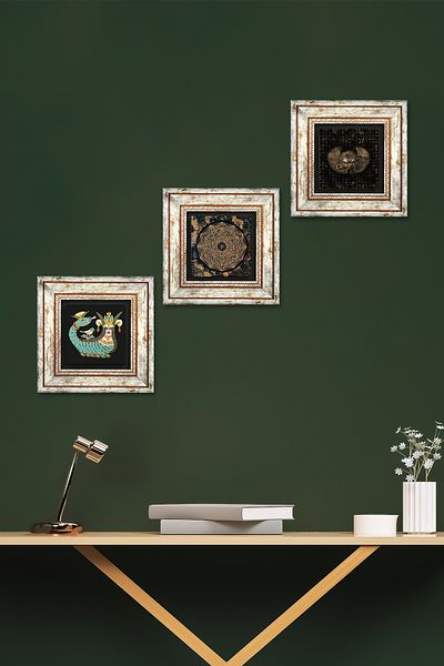 Pinecone Eye of Horus, Sri Yantra, Shahmeran Stone Wall Painting Framed Wall Decor Set of 3 Painting Wall Art
