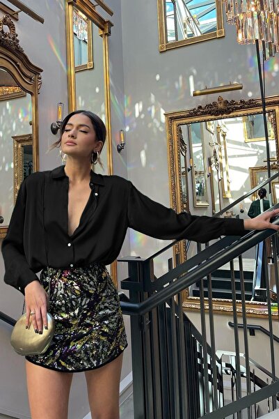 Madmext Siyah Basic Kadın Saten Gömlek Mg1326