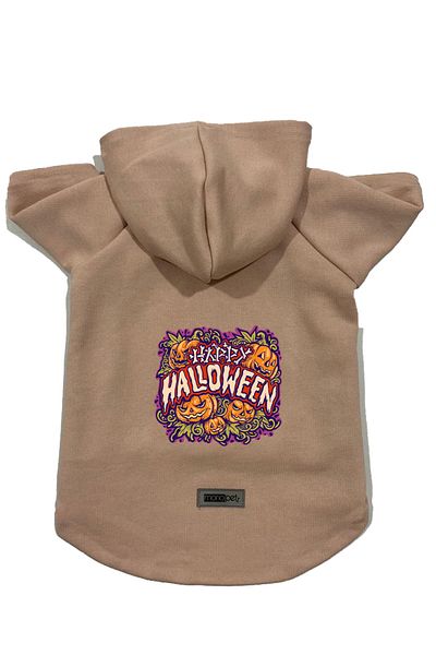 Monopetz Hooded Fleece Sweatshirt Dog and Cat Outfit & Dress - Beige Happy Halloween