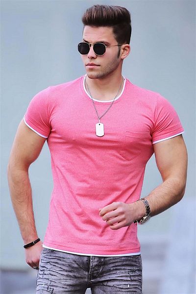 Madmext Basic Puder T-Shirt mit Taschendetail 4446