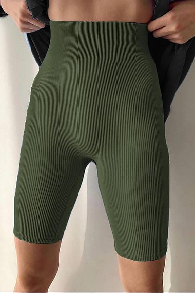Madmext Khaki Green High Waist Women's Ribbed Biker Leggings MG1675