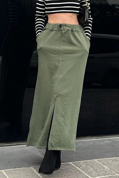 Madmext Khaki Green Women's Midi Skirt with Slit Detail on the Front Mg1614