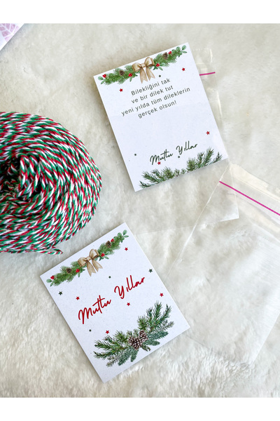 Hayal.kirtasiyesi New Year's Bracelet Set - 20 Cards and 20 Gelatin Bags 50 Mt Rope, Gift Lucky Bracelet