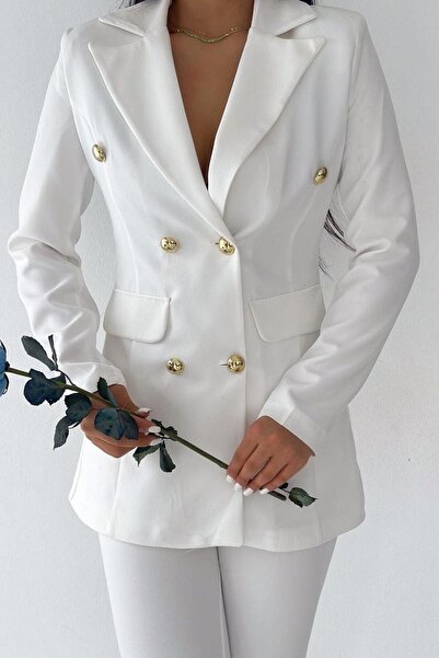 Moda Collection Düğmeli Sahte Cepli Blazer Ceket Boru Paça Kemerli Cepli Esnek Pantolon Takım Elbise