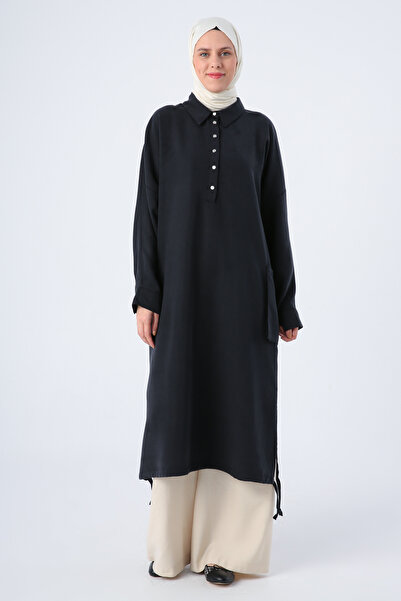ALLDAY Black Bat Sleeve Tunic with Gather Detail and Large Pockets