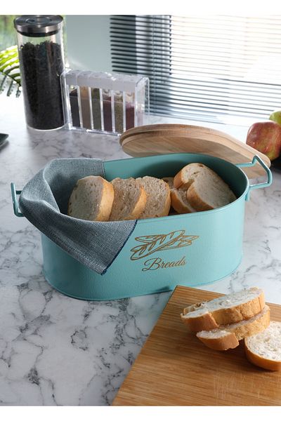 Bayev Metal Bread Storage Box with Turquoise Cutting Board