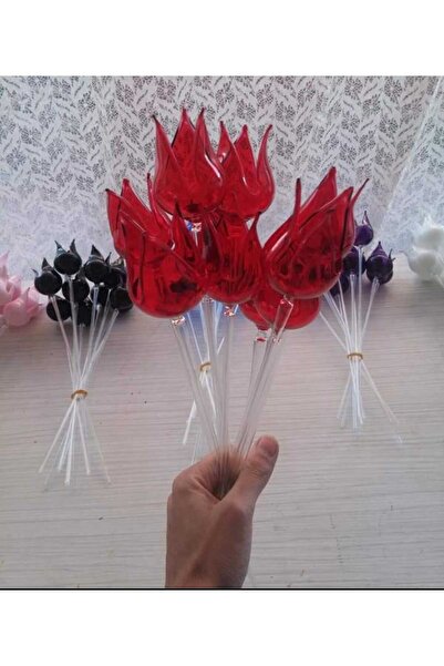LEYLA CAM SANATLARI CAM ÜFLEME LALE KIRMIZI RENK 6 ADET (vazo içi aksesuar)