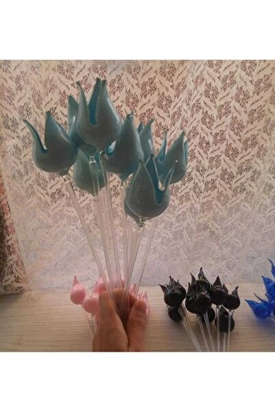 LEYLA CAM SANATLARI CAM ÜFLEME LALE TURKUAZ RENK 6 ADET (vazo içi aksesuar)