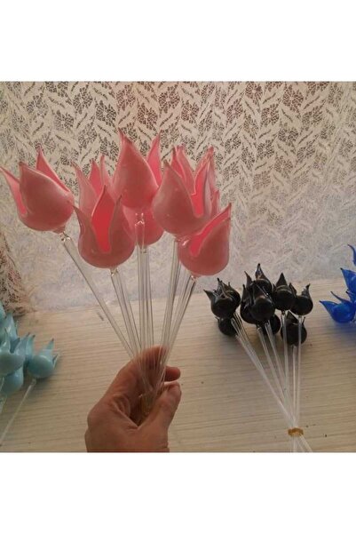 LEYLA CAM SANATLARI CAM ÜFLEME LALE PEMBE RENK 6 ADET (vazo içi aksesuar)