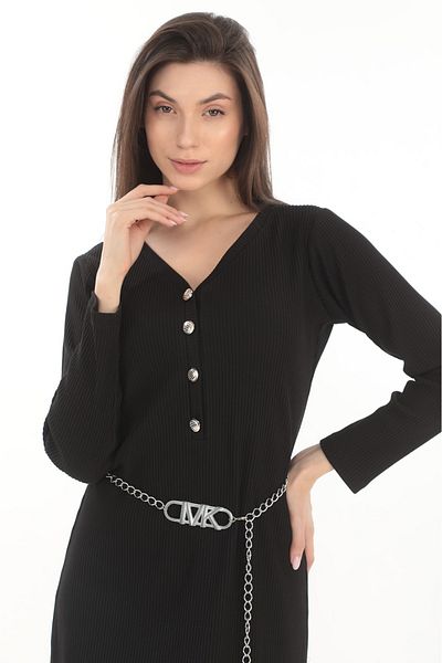 etselements Rochie tricotată midi, cu mânecă lungă, cu decolteu în V, cu nasturi, cu lanț
