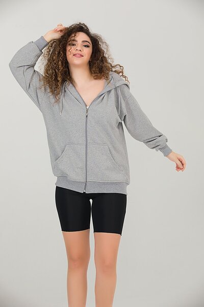 MyBen Γκρι φούτερ με κουκούλα υπερμεγέθη/ευρεία εφαρμογή με φερμουάρ και χοντρή εσωτερική κουκούλα φλις φούτερ K-502