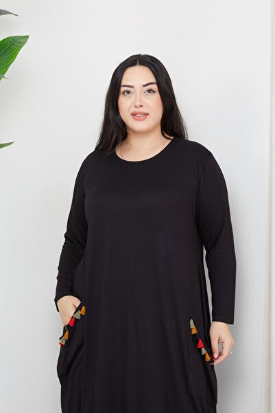 tarzımsüper Μεγάλο μέγεθος Lycra Cotton 4 Seasons Comfort Model Τσάντα Τσέπη Άνετο, εύκαμπτο χτενισμένο βαμβακερό μακρυμάνικο φόρεμα