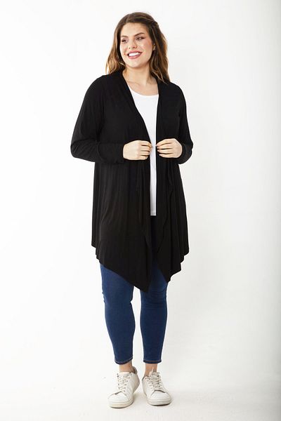 Şans Women's Large Size Black Shawl Collar Viscose Cardigan 65N37186