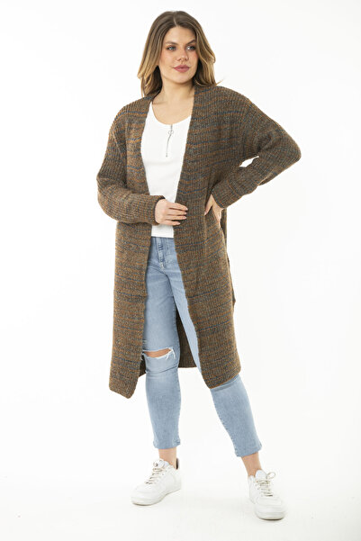 Şans Γυναικεία Πλεκτά Πλεκτά Χακί Μεγάλου Μεγέθους Μακριά Ζακέτα 65N37169