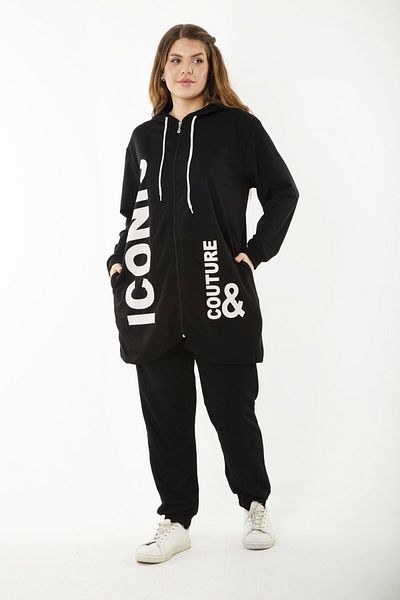 Şans Women's Large Size Black Print and Zipper Detailed Hooded Sweatshirt Trousers Set 65N37128