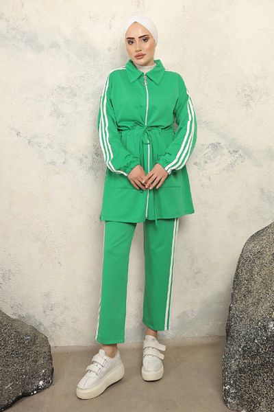 benguen 3486 Striped Hijab Double Suit Green