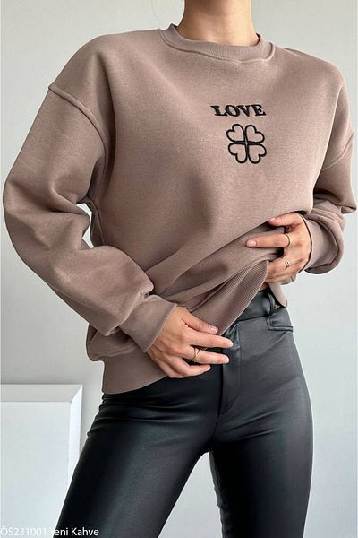 Liora Women's Brown Crew Neck Clover Embroidered Sweatshirt