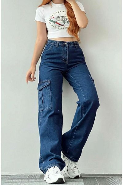 LAMİRA Blugi Cargo Pocket Palazzo Box Pantaloni Jean