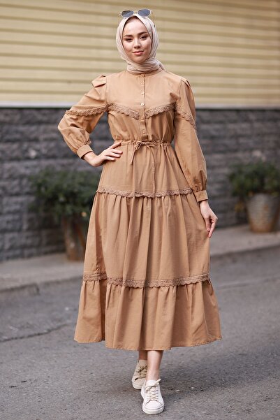 InStyle Guipure Detail Balloon Sleeve Hijab Dress - Mink