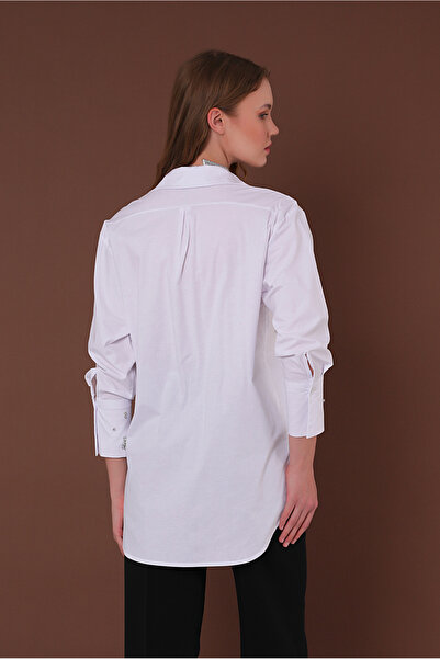 Yake Parlak Taşlı Ekru Poplin Gömlek