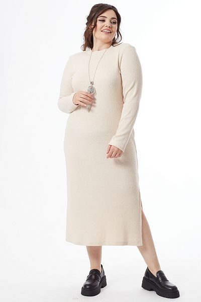 Moda Alba Cream Women's Knitwear with Side Slit Necklace Style Large Size Dress