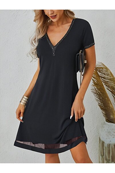 Viyamo Kadın Kısa Kollu Eteği Tül şeritli Taş Işlemeli V Yaka Viskon Elbise