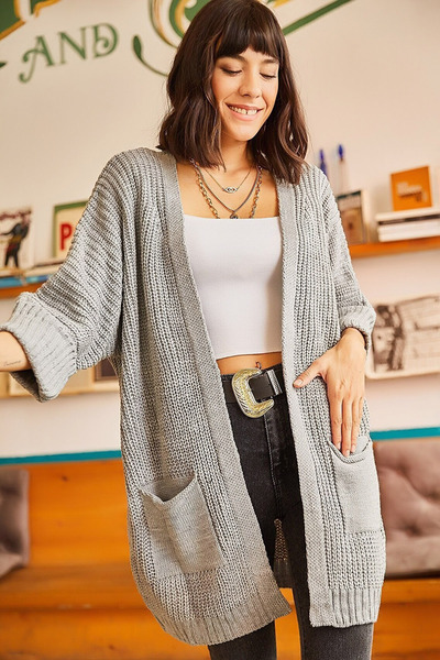 CoolLook V-neck Folded Double Quarter Sleeve Double Pocket Non-Closing Relaxed Fit Lycra Loose Warm Knitwear Cardigan