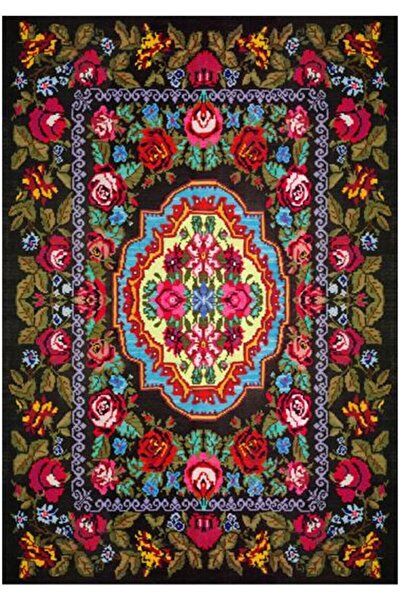 Çam Halı Gloria Td726 Siyah Karabağ Desen Dokuma Saçaklı Kilim