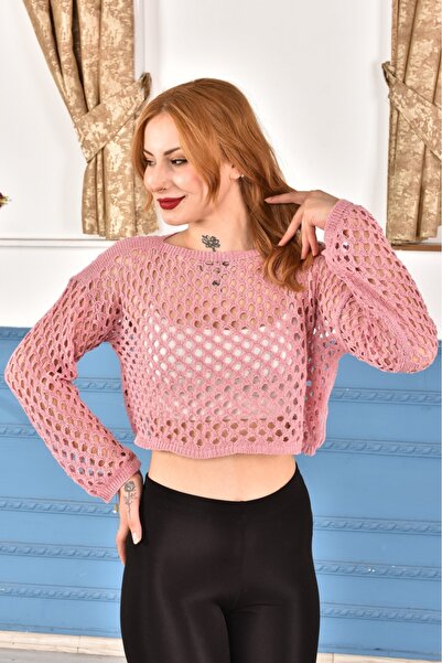 KNİTİCAL TEKSTİL Knitical Kadın Ispanyol Kol Geniş Yaka Ajurlu Salaş Delikli ...