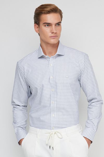 BROOKS BROTHERS Grau-weißes Slim-Fit-Hemd aus 100 % Baumwolle mit italienischem Kragenmuster für Herren