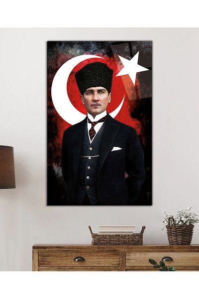 Rosyvien Turkish Flag and Mustafa Kemal Atatürk Portrait Glass Painting, Home Office School Wall Decoration, Gift