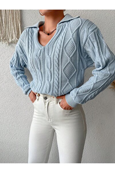 AQE FASHION Örgü Desenli Polo Yaka Dekolte Detaylı Triko Kazak Bebe Mavisi