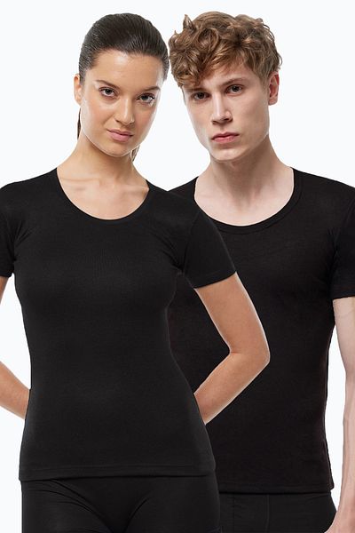 Malabadi Lenjerie termică economică, unisex, neagră, cu mânecă scurtă, cu guler deschis 342