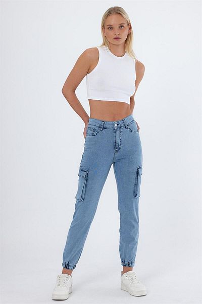 EXPLODE - Women's Cargo Pocket Elastic Leg Jogger Jeans Blue