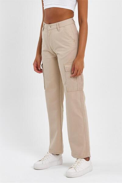 EXPLODE - Kadın Yüksek Bel Geniş Paça Kargo Pantolon Bej