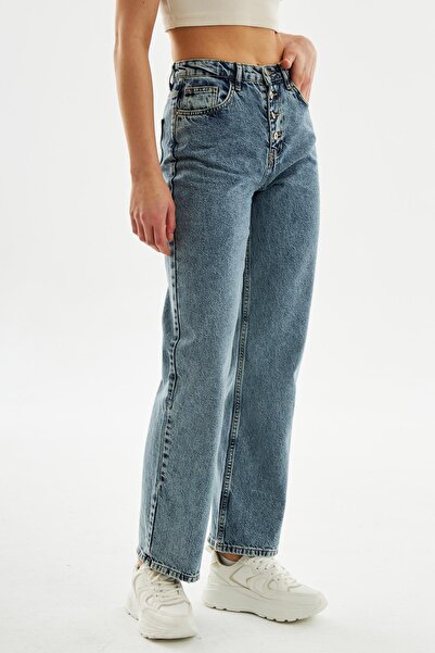 EXPLODE - Kadın Önden Düğmeli Yüksek Bel Wideleg Jeans Açık Mavi