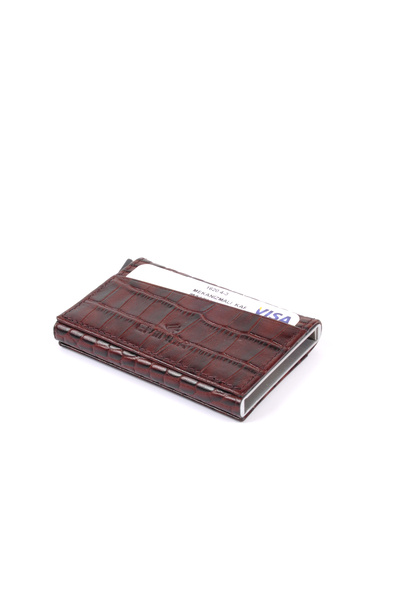 Eminsa Brown Crocodile Leather Mechanismed Card Holder
