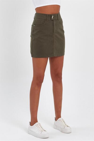 EXPLODE - Kadın Çift Düğmeli Mini Kot Etek Haki