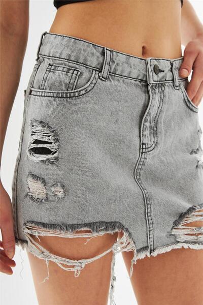 EXPLODE - Kadın Yırtık Detaylı Mini Kot Etek Antrasit