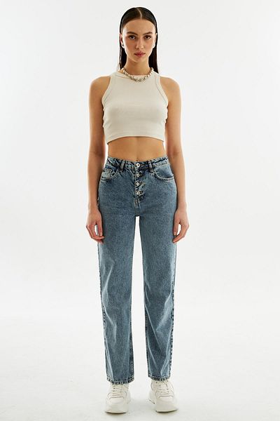 EXPLODE - Women's Buttoned Front High Waist Wideleg Jeans Light Blue