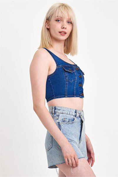 EXPLODE - Kadın Önü Düğmeli Cep Detaylı Askılı Denim Crop Lacivert