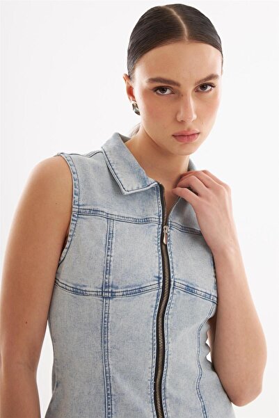 EXPLODE - Fermuarlı Mini Denim Elbise Açık Mavi