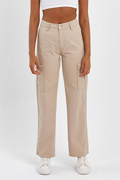 EXPLODE - Kadın Yüksek Bel Geniş Paça Kargo Pantolon Bej