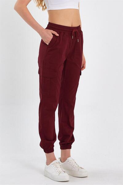 EXPLODE - Kadın Kargo Cep Paça Lastikli Jogger Kot Pantolon Bordo