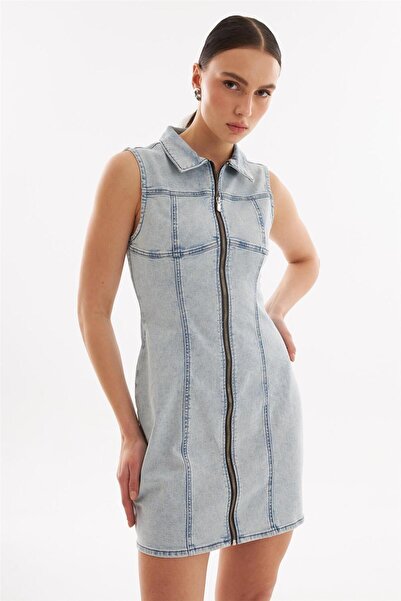 EXPLODE - Fermuarlı Mini Denim Elbise Açık Mavi