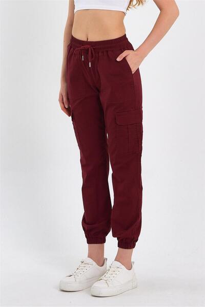 EXPLODE - Kadın Kargo Cep Paça Lastikli Jogger Kot Pantolon Bordo