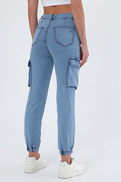 EXPLODE - Blugi pentru damă, cu buzunar cargo, cu picior elastic, jogger, albaștri